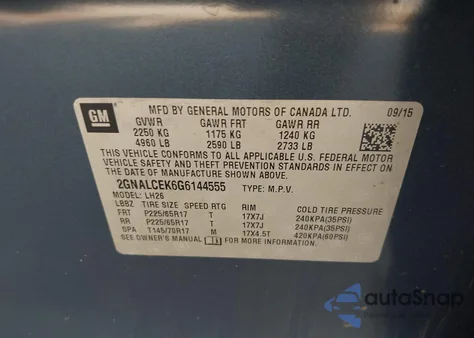 2016 Chevrolet Equinox Lt from USA, damaged, VIN 2GNALCEK6G6144555